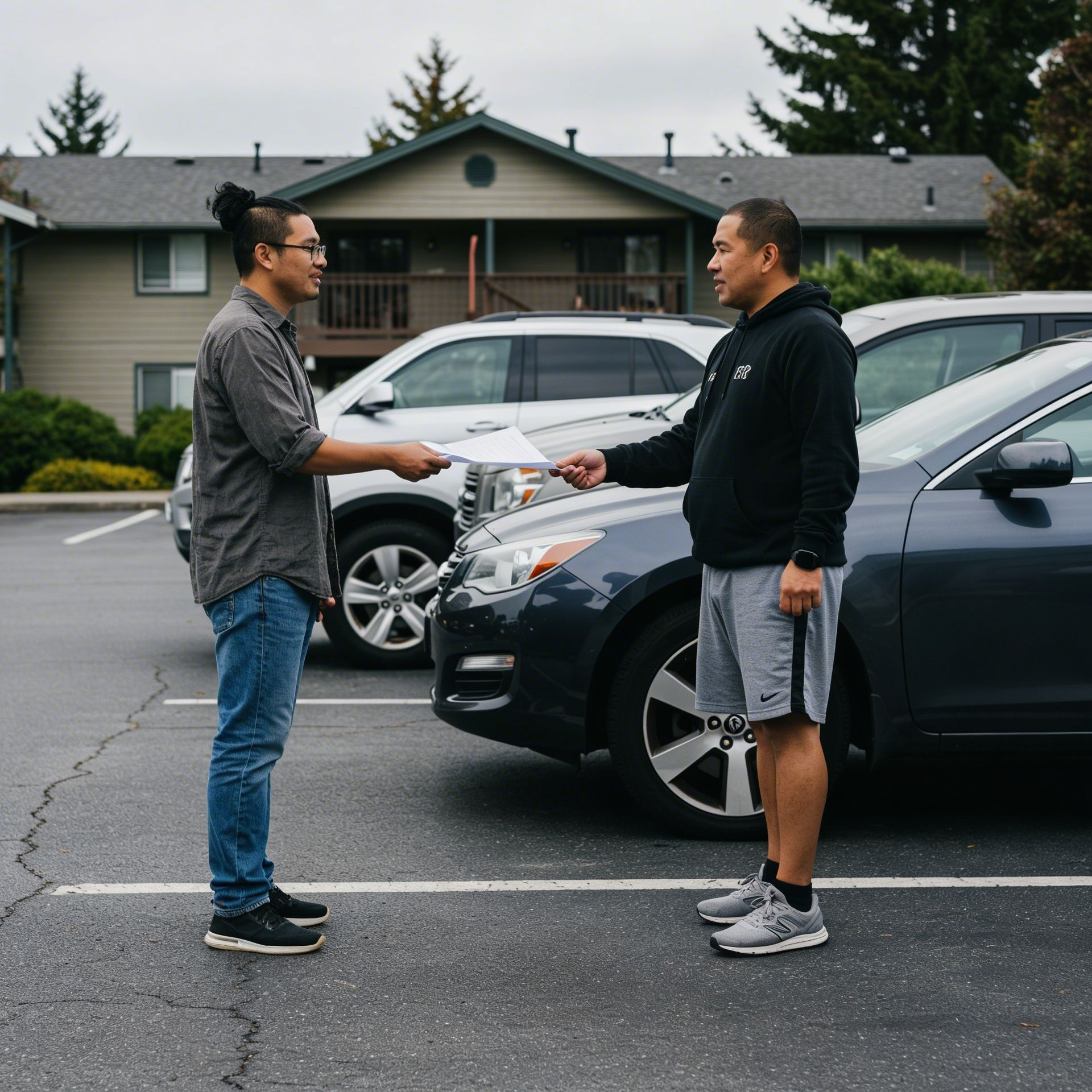 Process server handing court documents to a recipient in the parking lot of a residential house in Sumner, Pierce County, WA