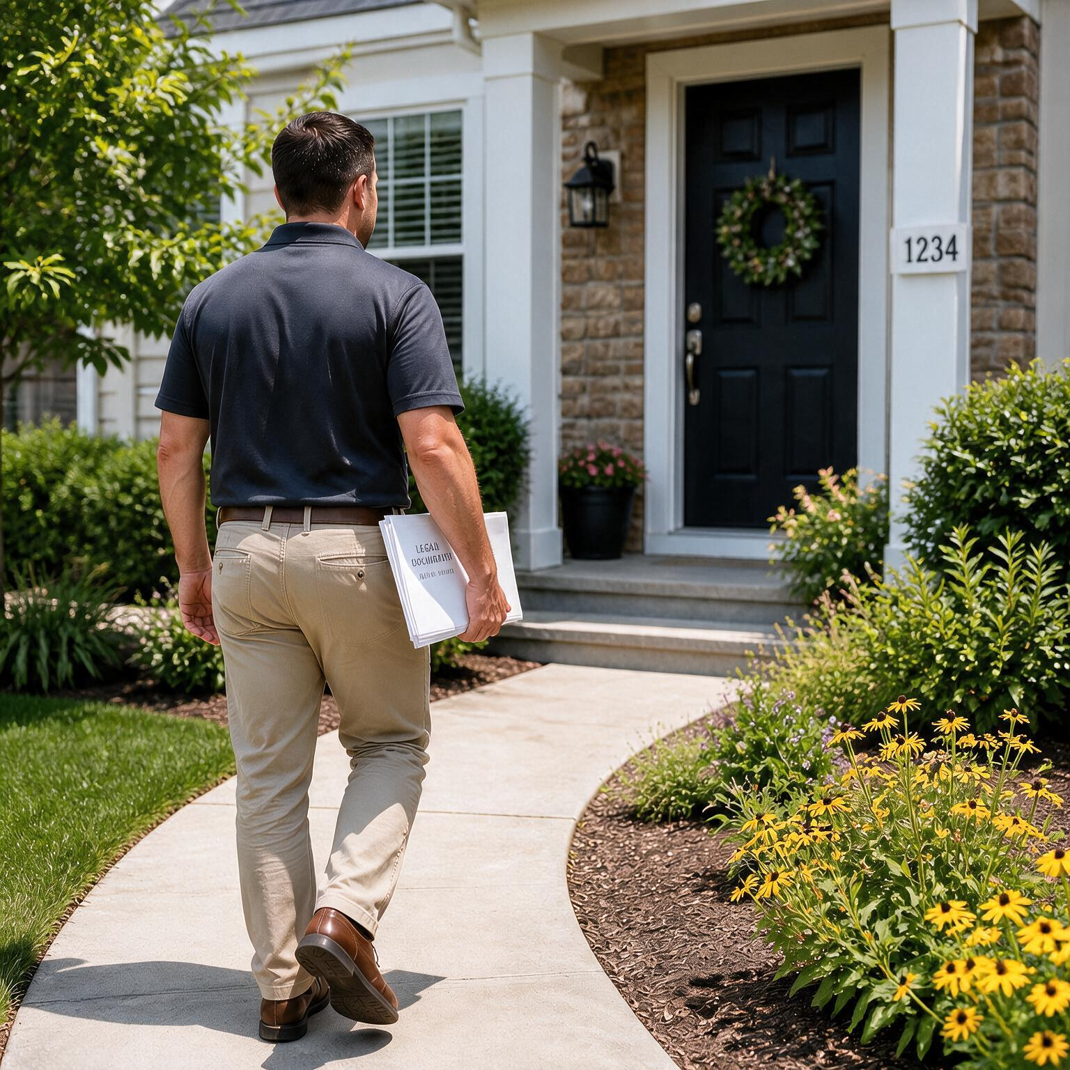 A process server with court documents in hand is walking towards the front door of a house in Everett, WA
