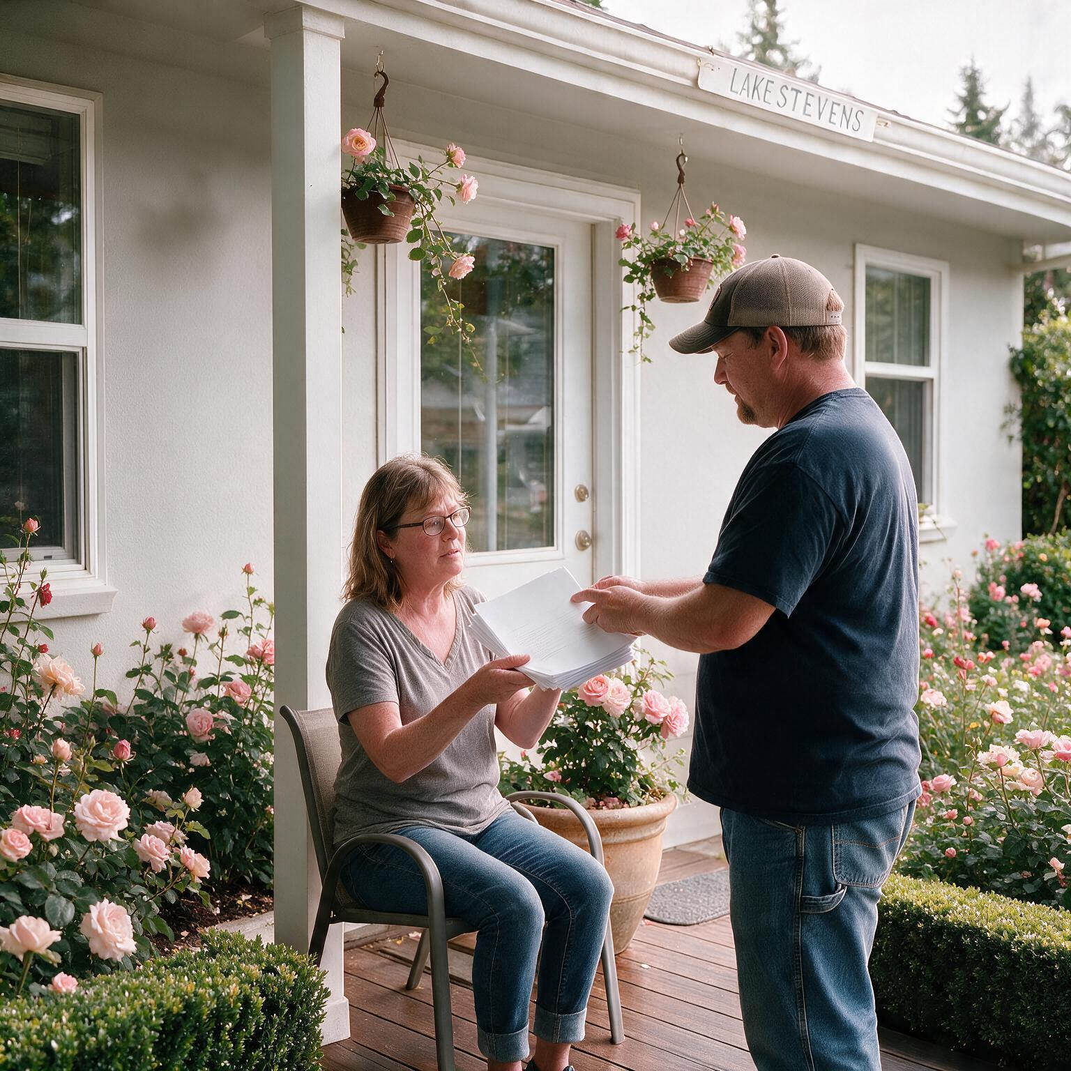 A woman, mid-50s getting served with legal documents by a process server based in Sammamish, WA, in her beautiful garden full of roses