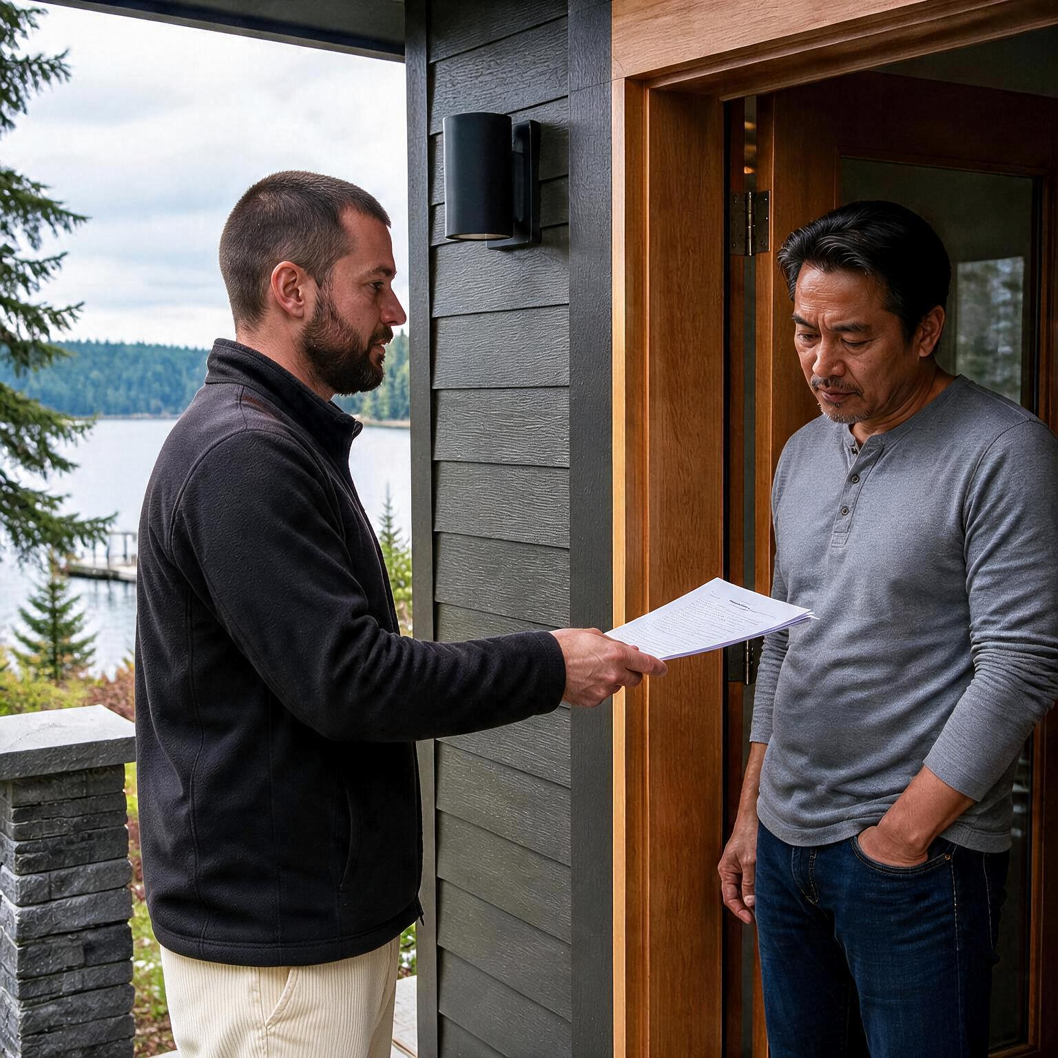 A process server in Tacoma, WA, serving a summons to an anxious defendant at his door. The place looks peaceful with a river nearby