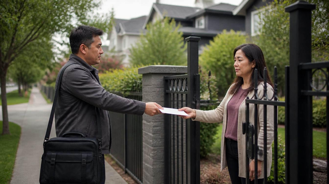 A process server in Tukwila, WA, serving a summons to an anxious defendant at his door. The place looks peaceful with a river nearby