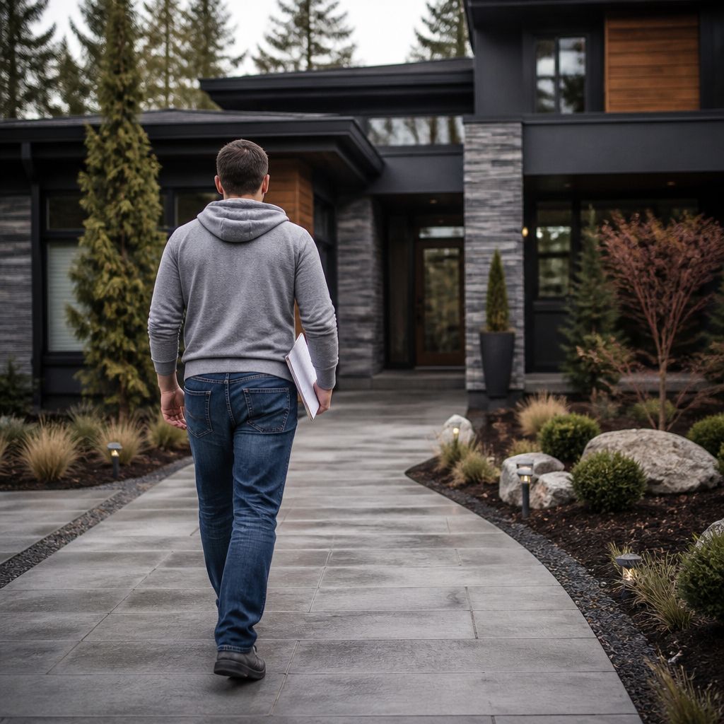 A process server walking on a front path towards a beautiful residence in Bellevue, Washington, to serve legal documents to the resident