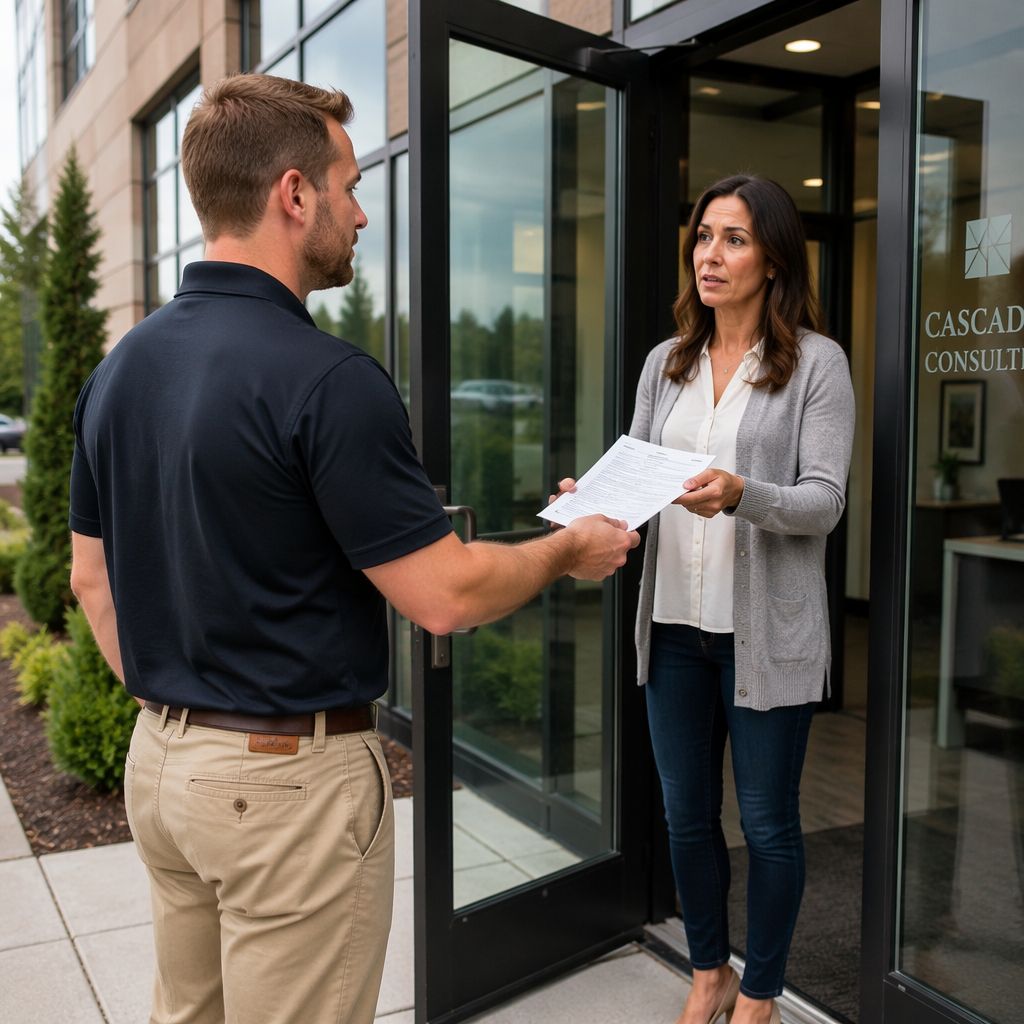 A process server is serving a lady at the entrance door of her workplace in one of the biggest companies in Bothell, WA
