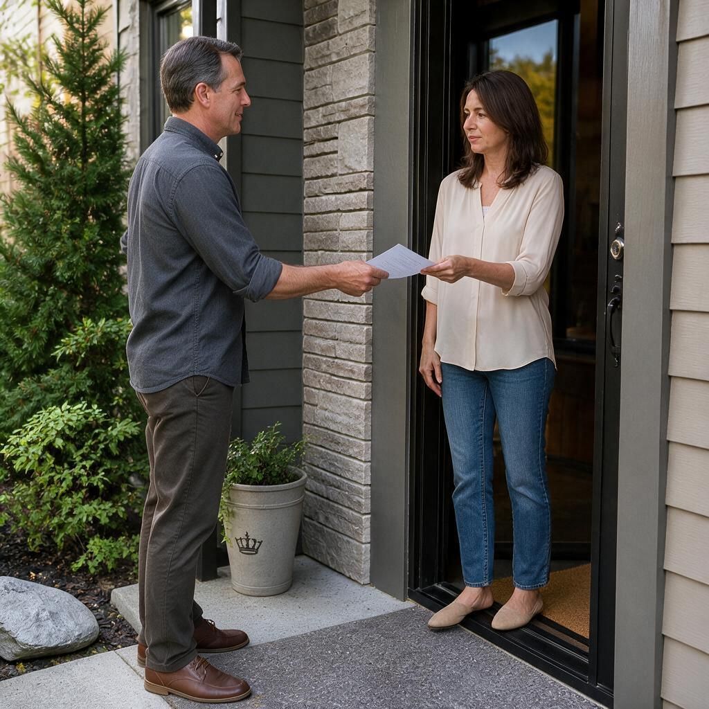 A professional process server serving a summons to the woman at the entrance door of her house in Edmonds, WA.