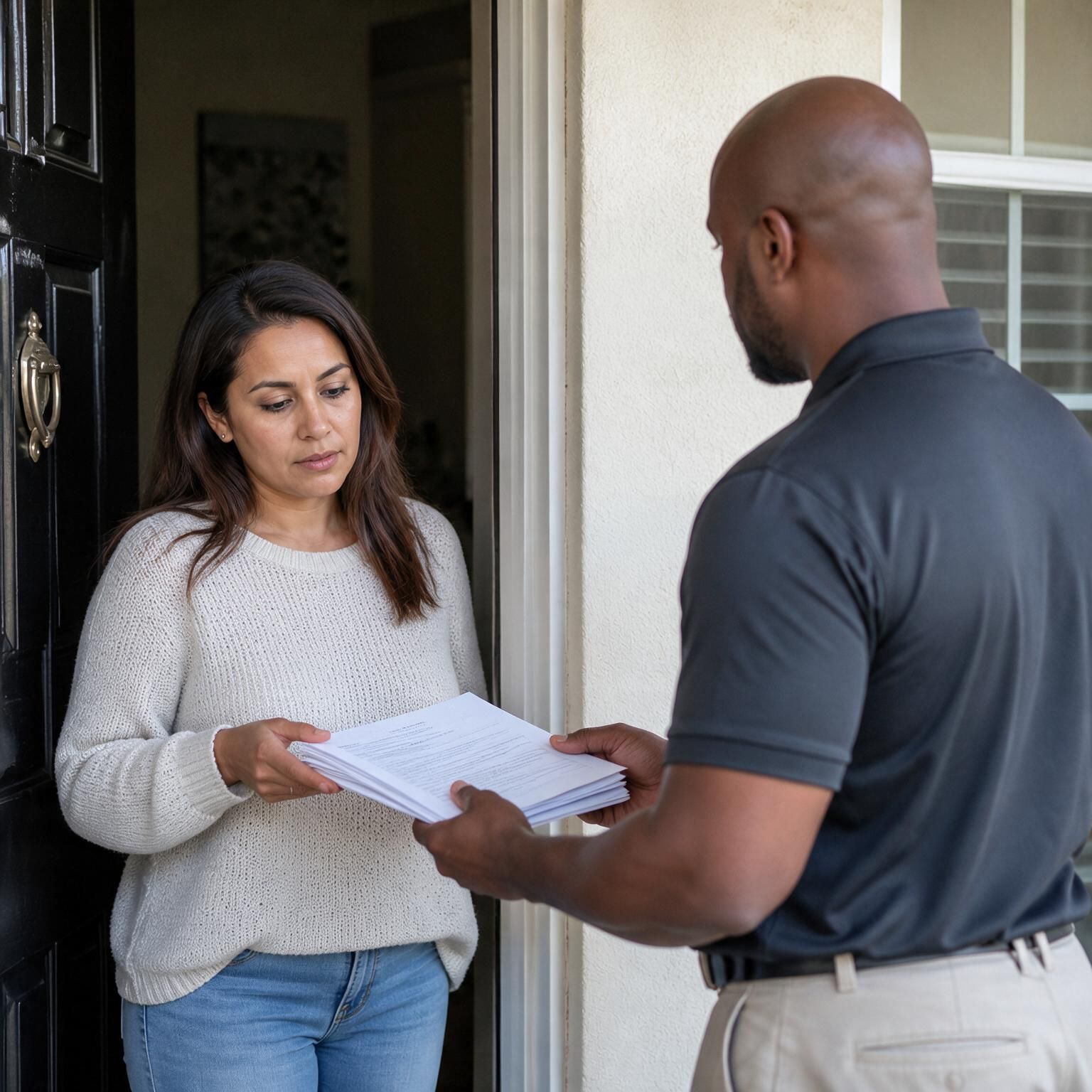 A professional process server serving a summons to the woman at the entrance door of her house in Mukilteo, WA.