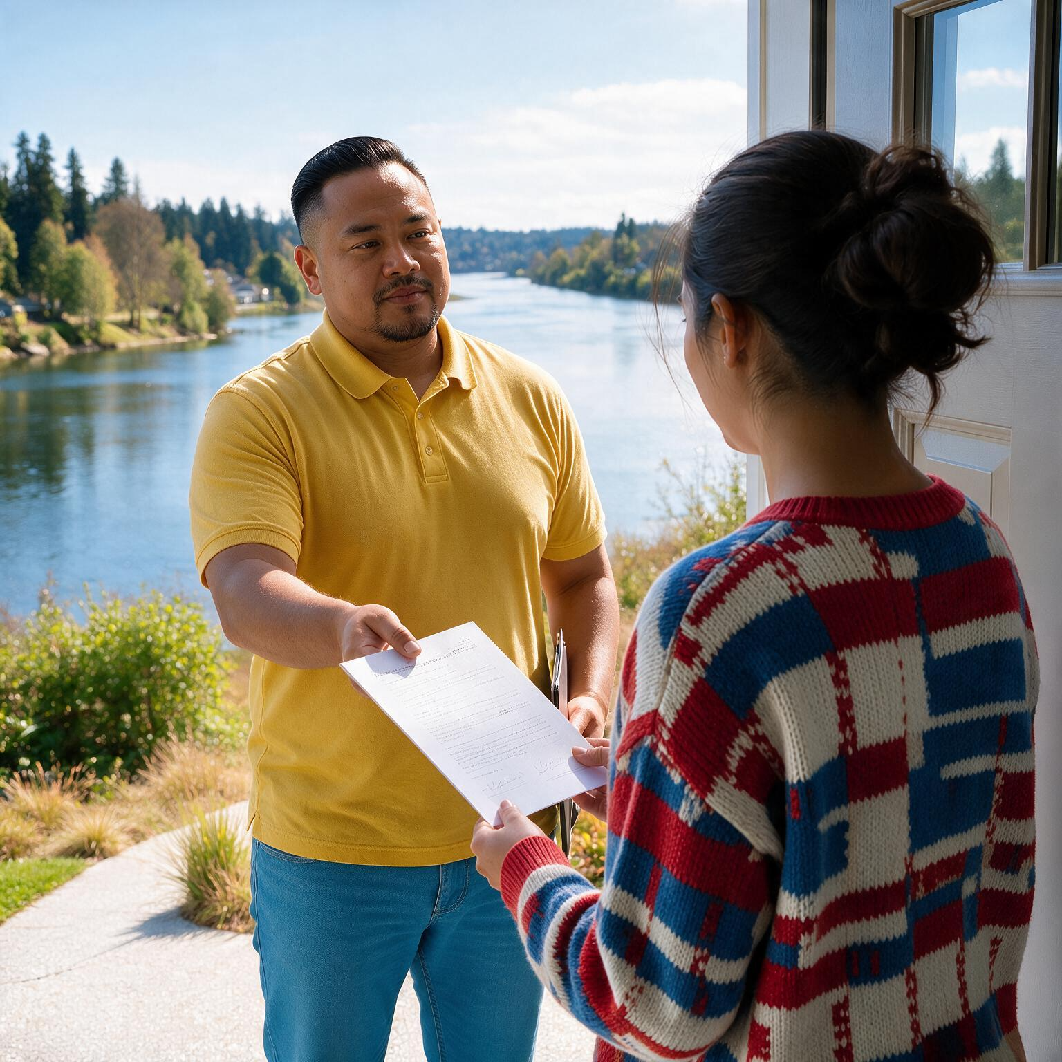 A process server in Seattle, WA, serving a defendant at her house by the river