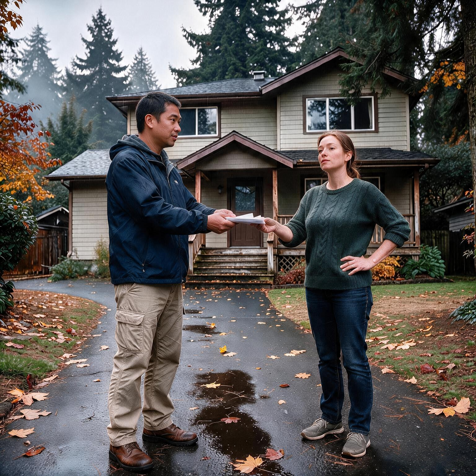 A process server in Snoqualmie, WA, serving legal documents to an unhappy defendant one rainy afternoon