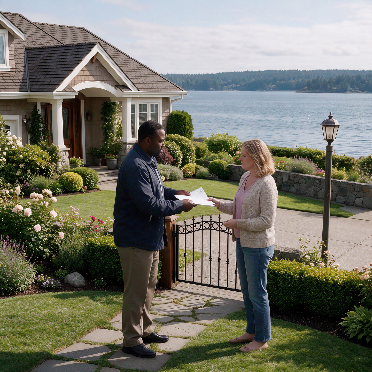 Process server handing docs to a respondent in Coupeville, at her gated house in Island County, WA