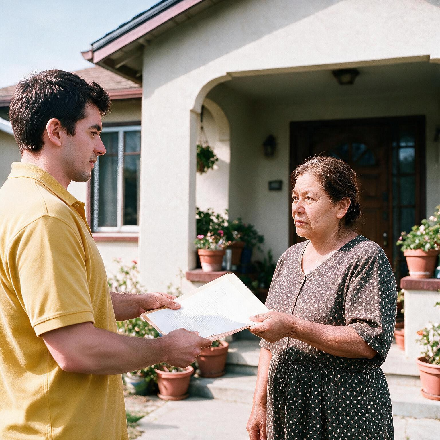 Process Server serves legal documents in front of a house in Tukwila, WA, in King County