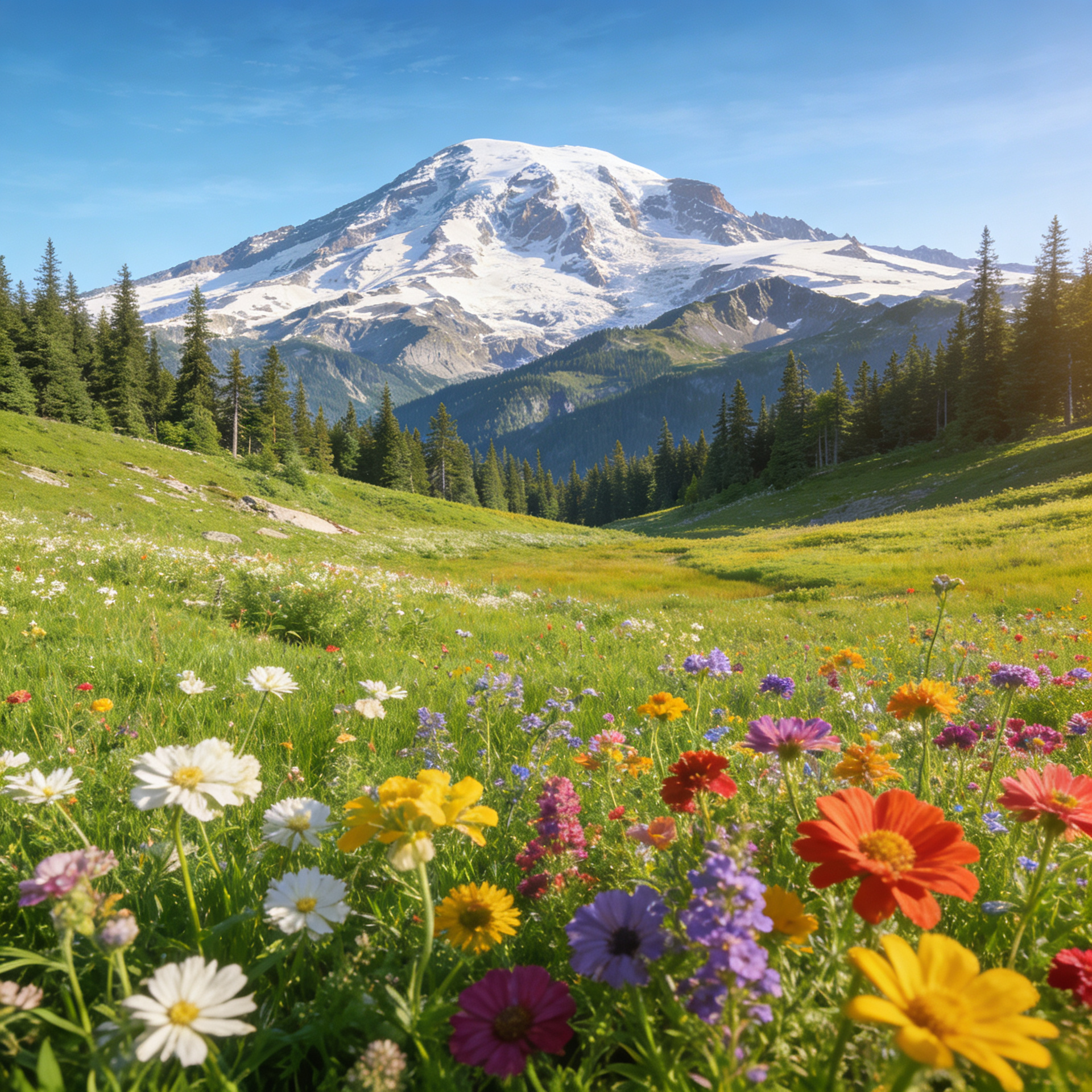 A beautiful mountain with colorful flowers in the field of Mt. Rainer Park, located in Lynnwood, WA