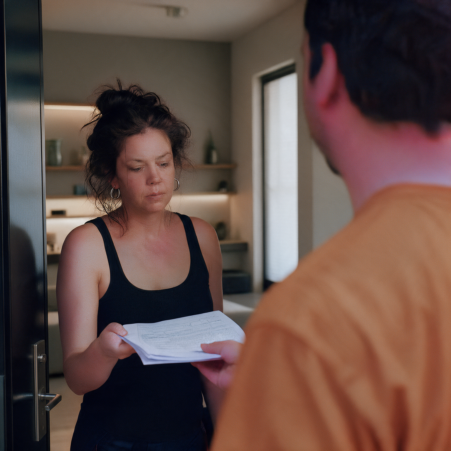 Process server serves court documents to a woman in her apartment in Bayview, Island County WA