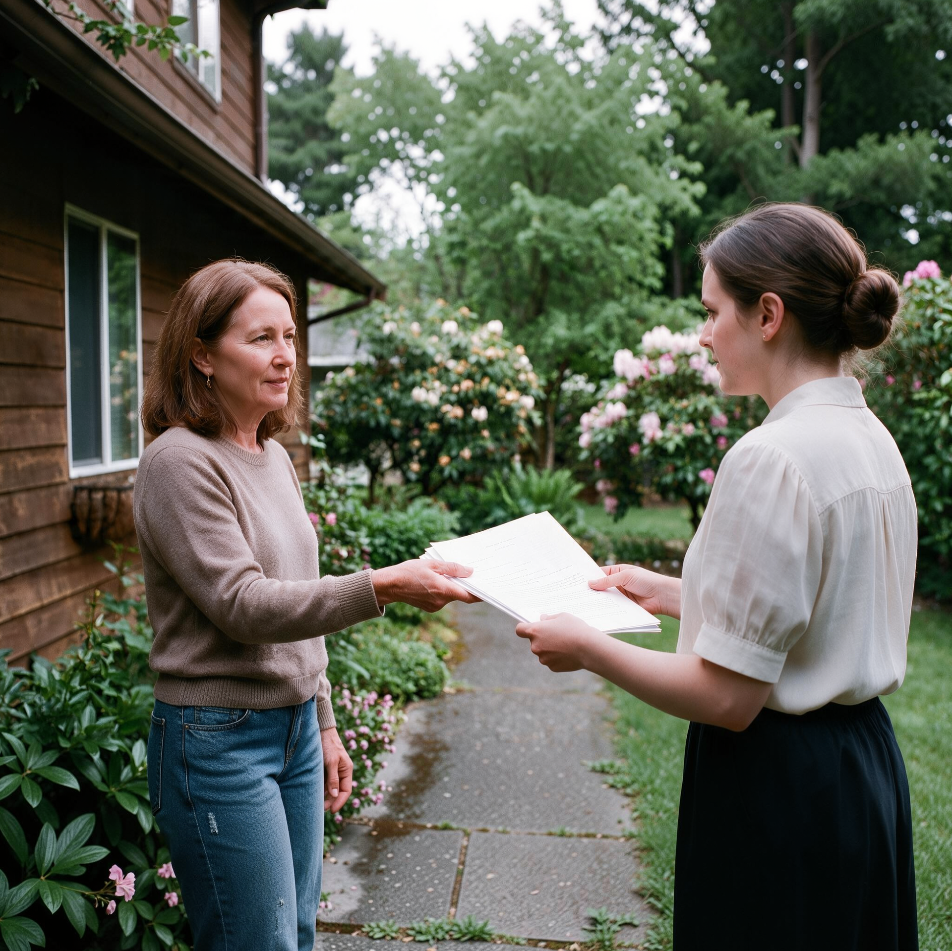 A process server handing legal documents to a woman at her home in Tacoma, Pierce County, WA