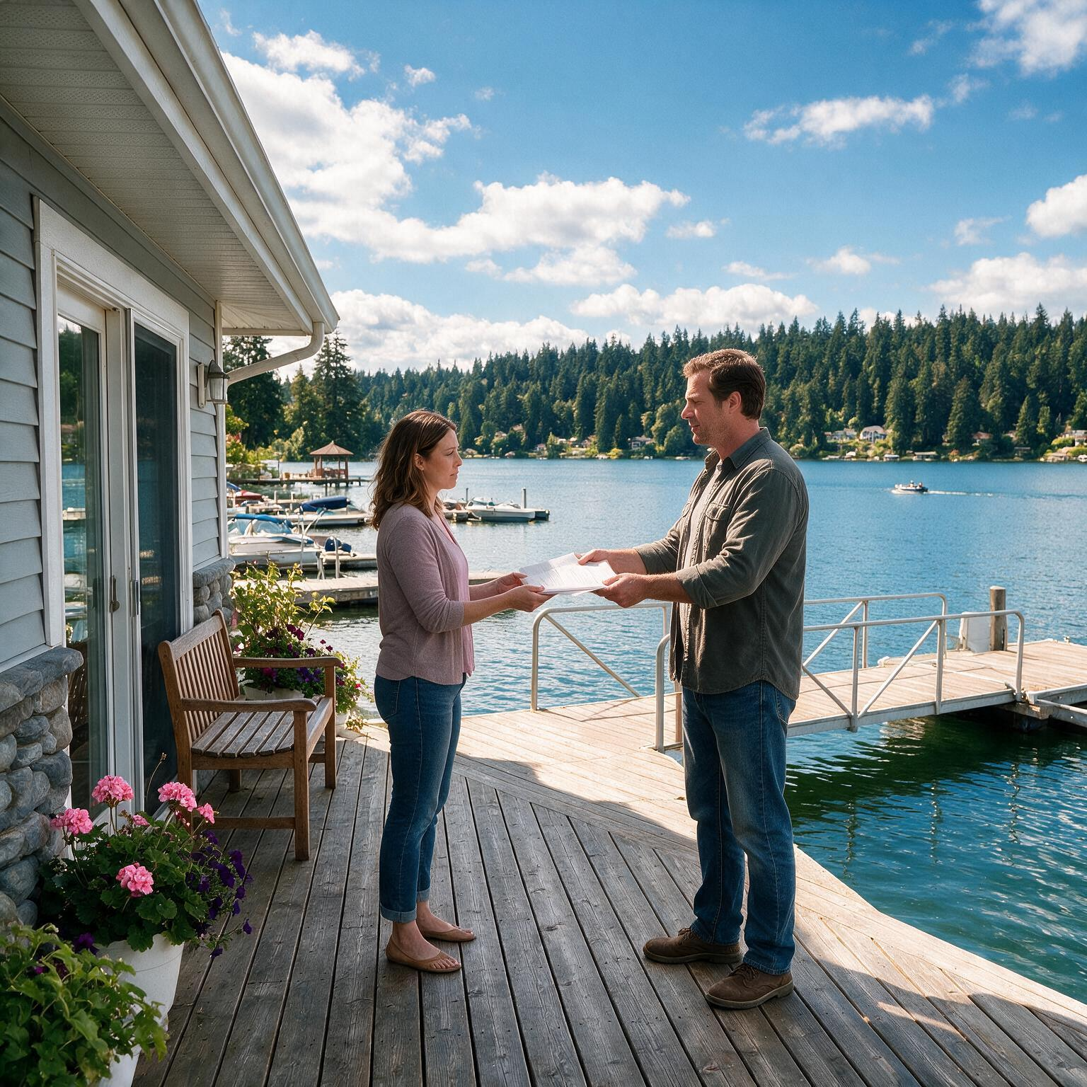 A process server in Puyallup, WA, serving a defendant at her residence by the river in Pierce County. The place is bountiful in pine trees.