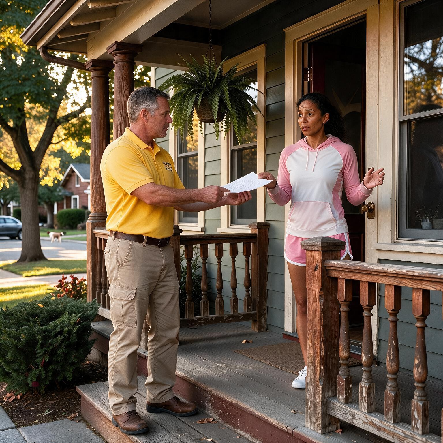 A licensed process server is serving the woman in a running outfit at her front door at a modest residence in Lynwood, WA