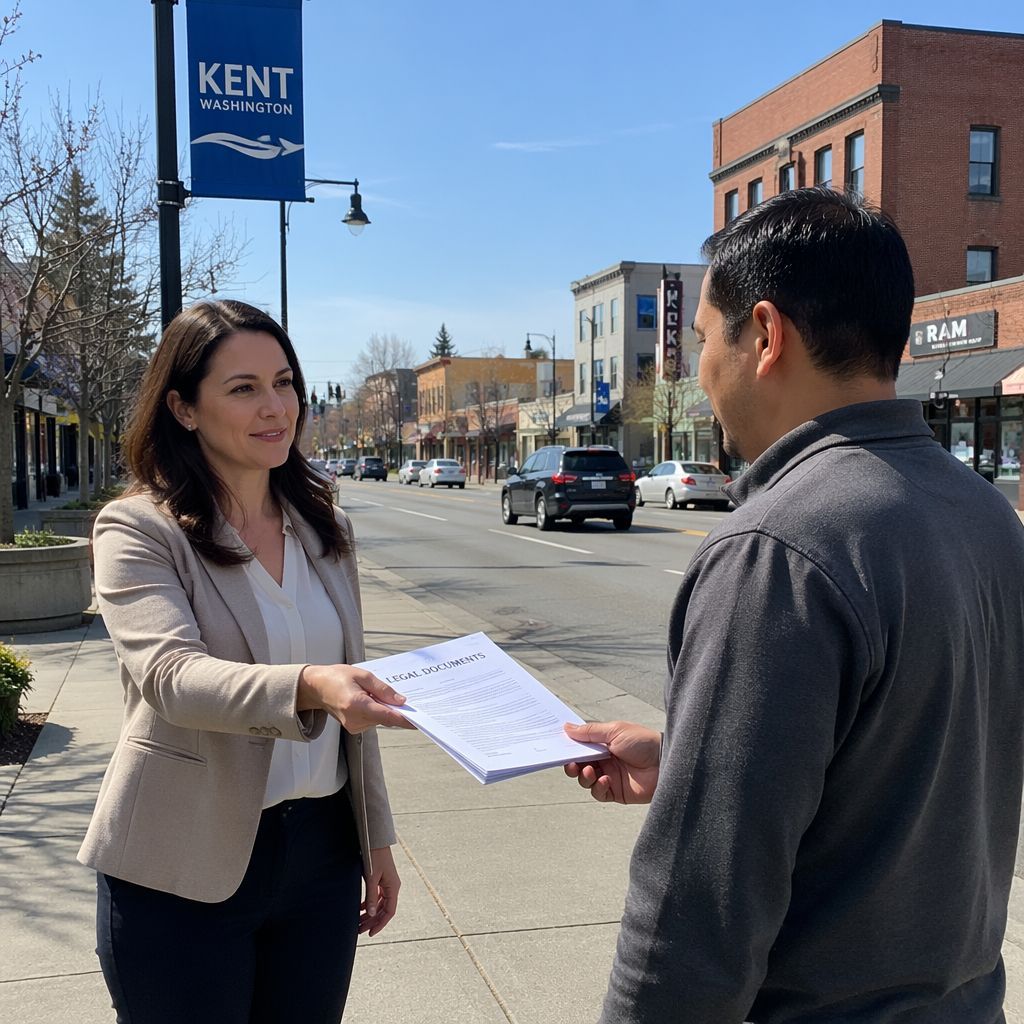 A professional process server is serving a man some legal documents along the road in Kent, WA