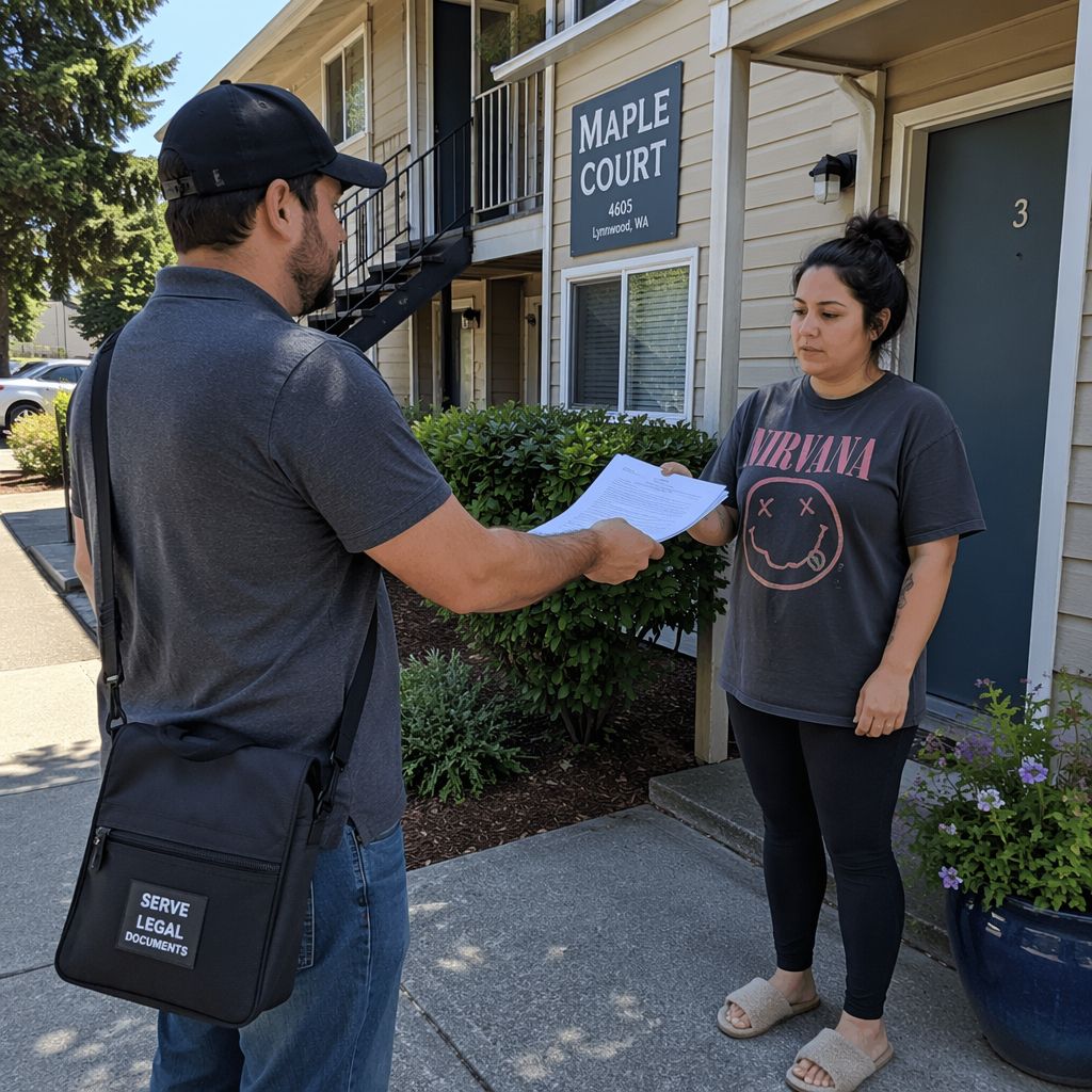A woman is accepting legal paperwork from a process server outside her house in North Bend, WA