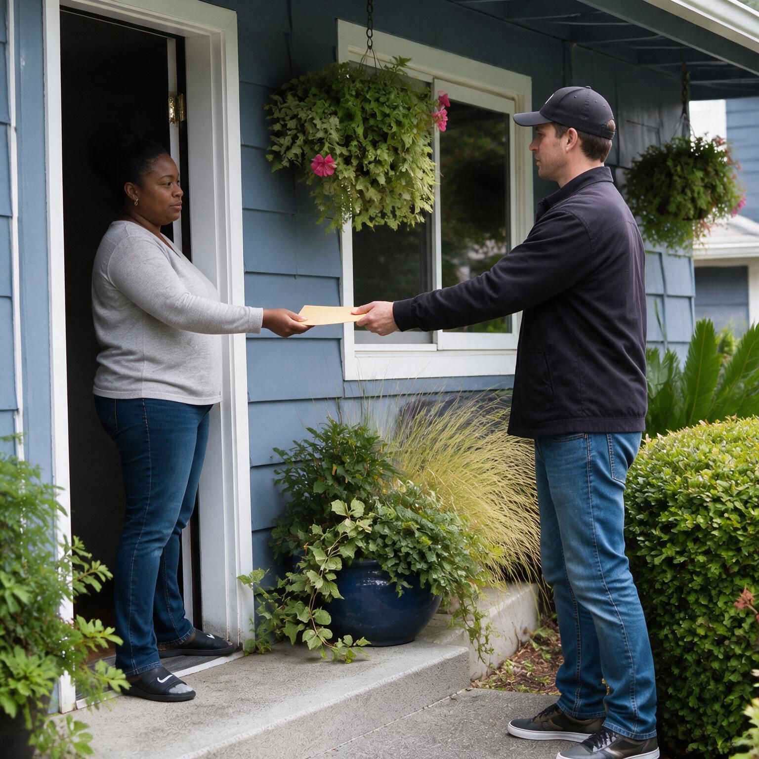 A process server in Snohomish County, WA, serving an African American right at the doorway of her house in suburban Sultan City.