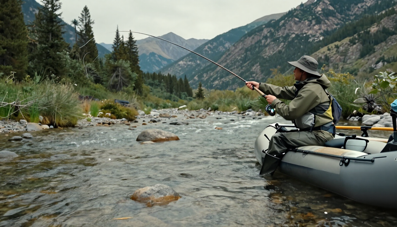 Fly fisherman casting from a raft in a mountain river with pine trees and rocky peaks in the background