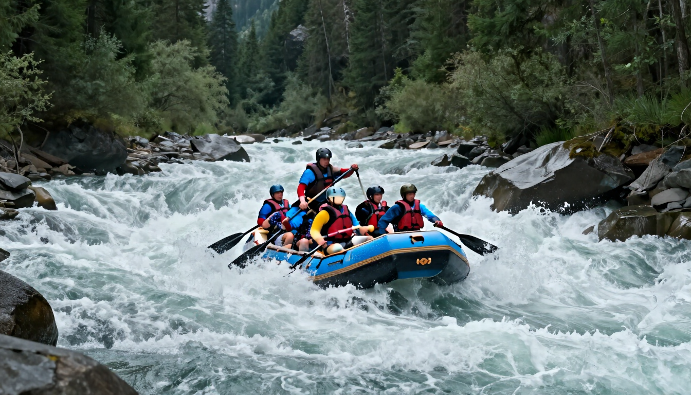 Whitewater rafting team in a blue raft rushing through rapids in a forested river gorge