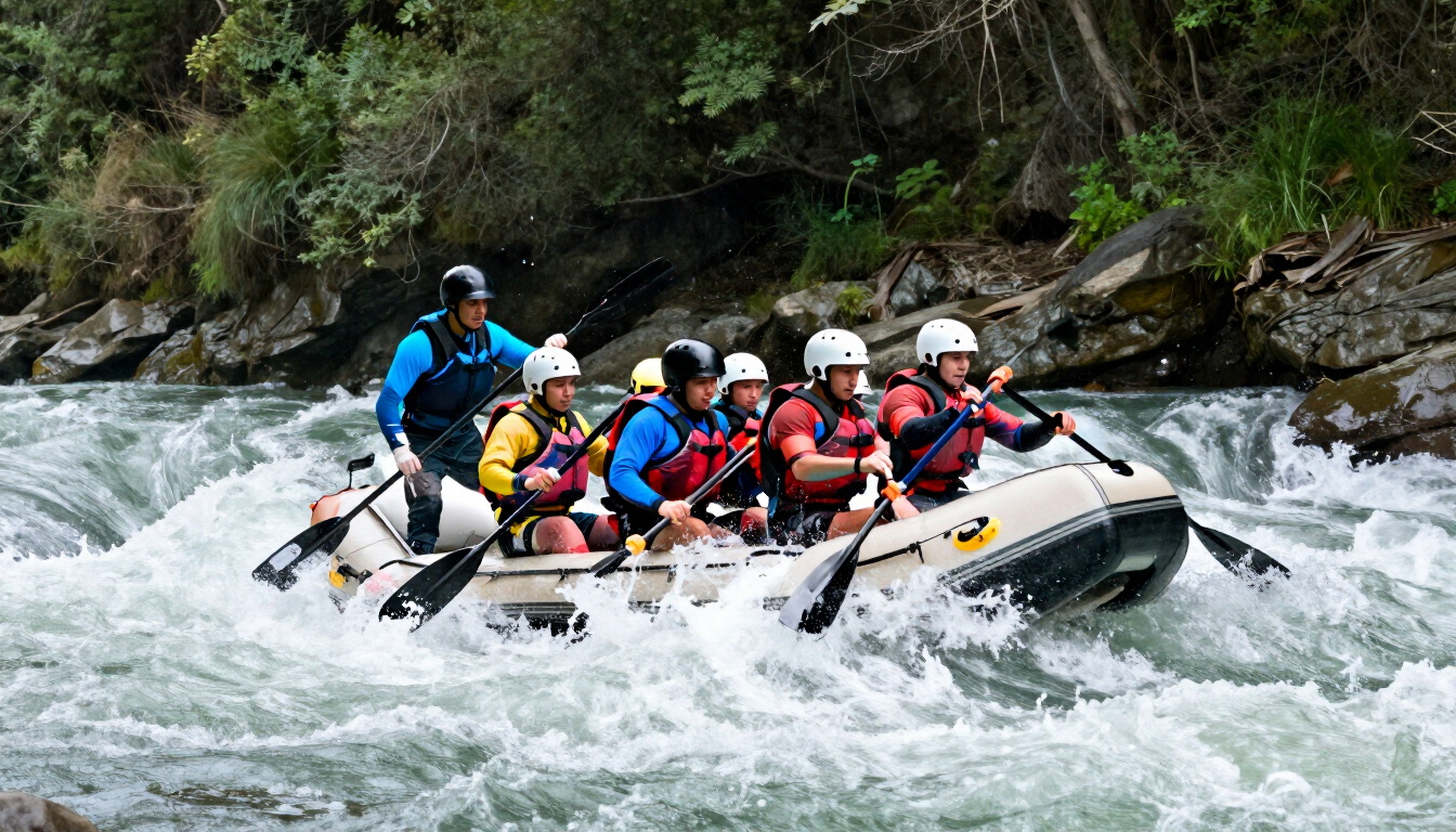 People rafting through whitewater rapids in a river, wearing helmets and life jackets