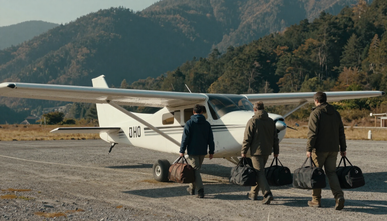 Small white airplane on a runway with three people walking toward it, mountains in the background