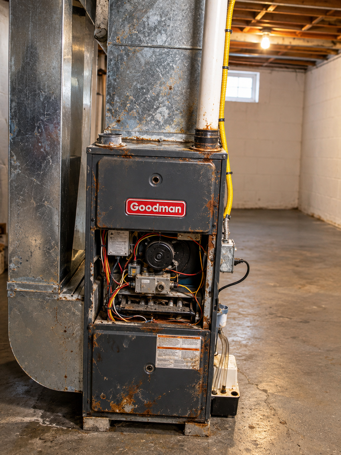 Open furnace unit in a basement, with exposed wiring and metal ductwork.