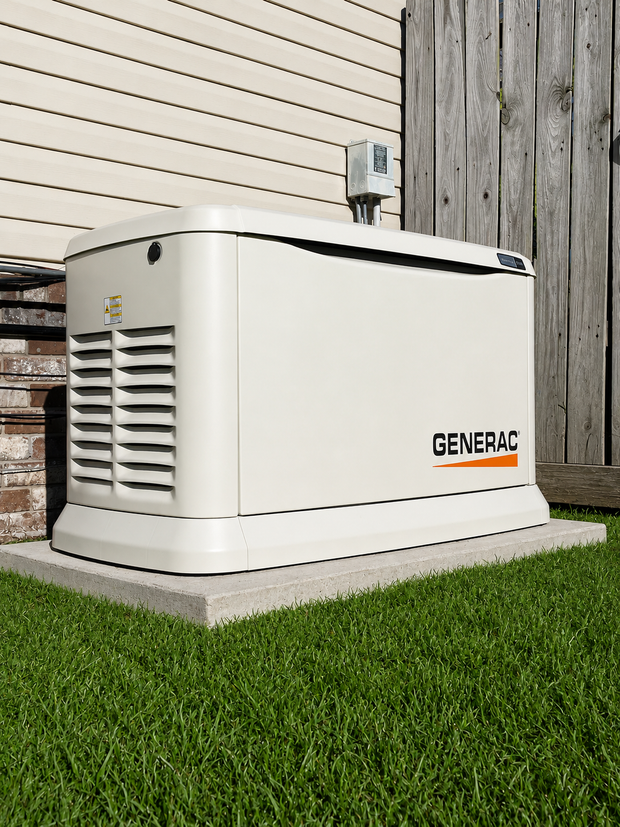 White Generac home standby generator beside a house on a concrete pad, next to green lawn and wood siding