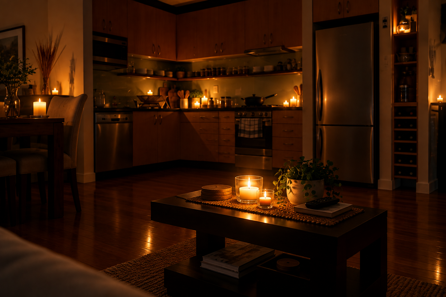 Dimly lit modern kitchen and living room with candlelit coffee table and warm ambient lighting