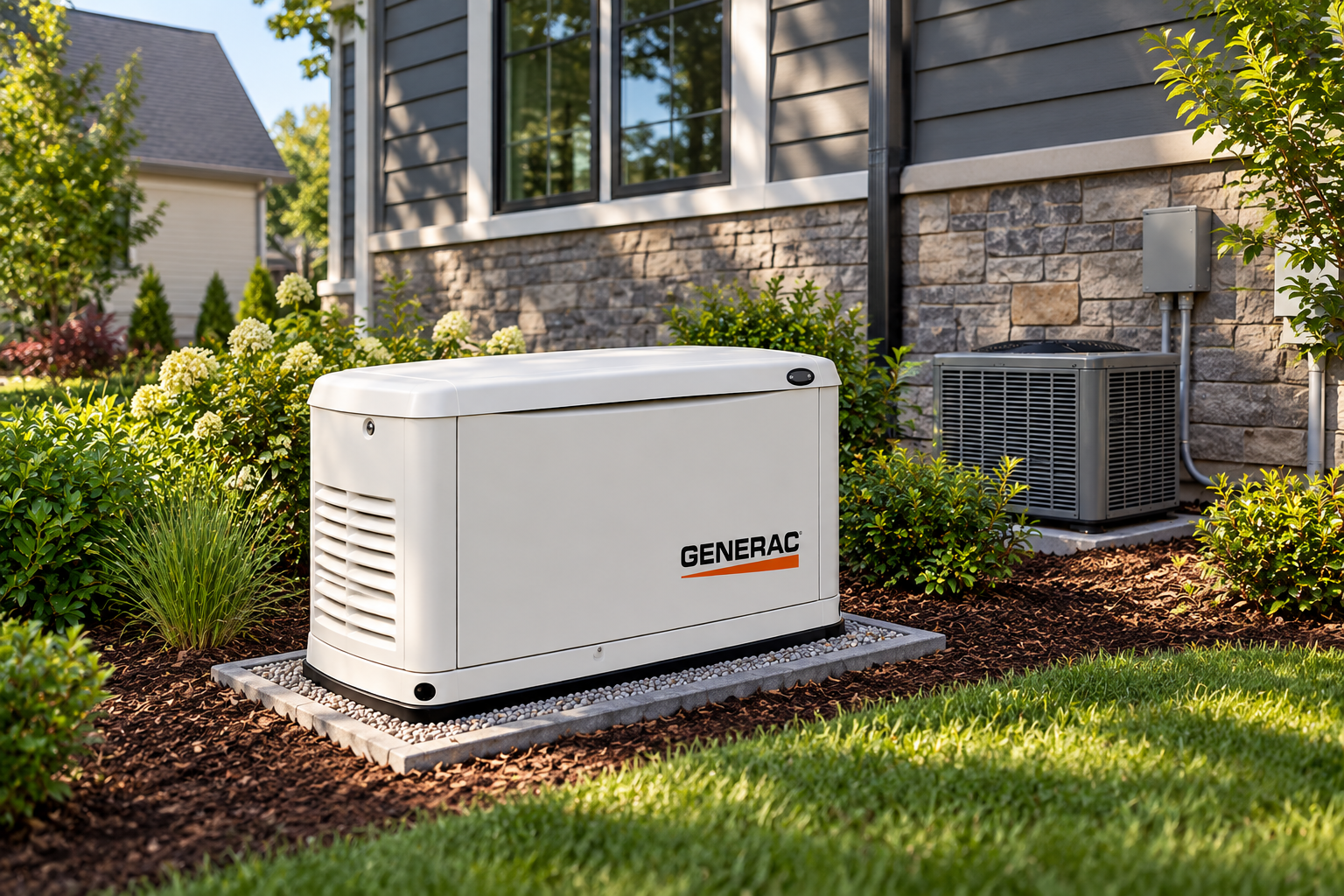 White Generac home standby generator on a concrete pad beside a brick house and lawn