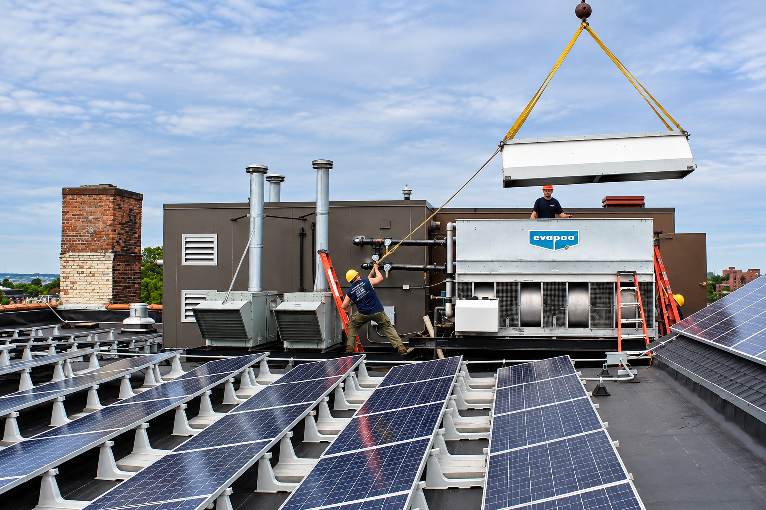 Solar panels on a rooftop with workers installing HVAC equipment and a crane lifting a unit