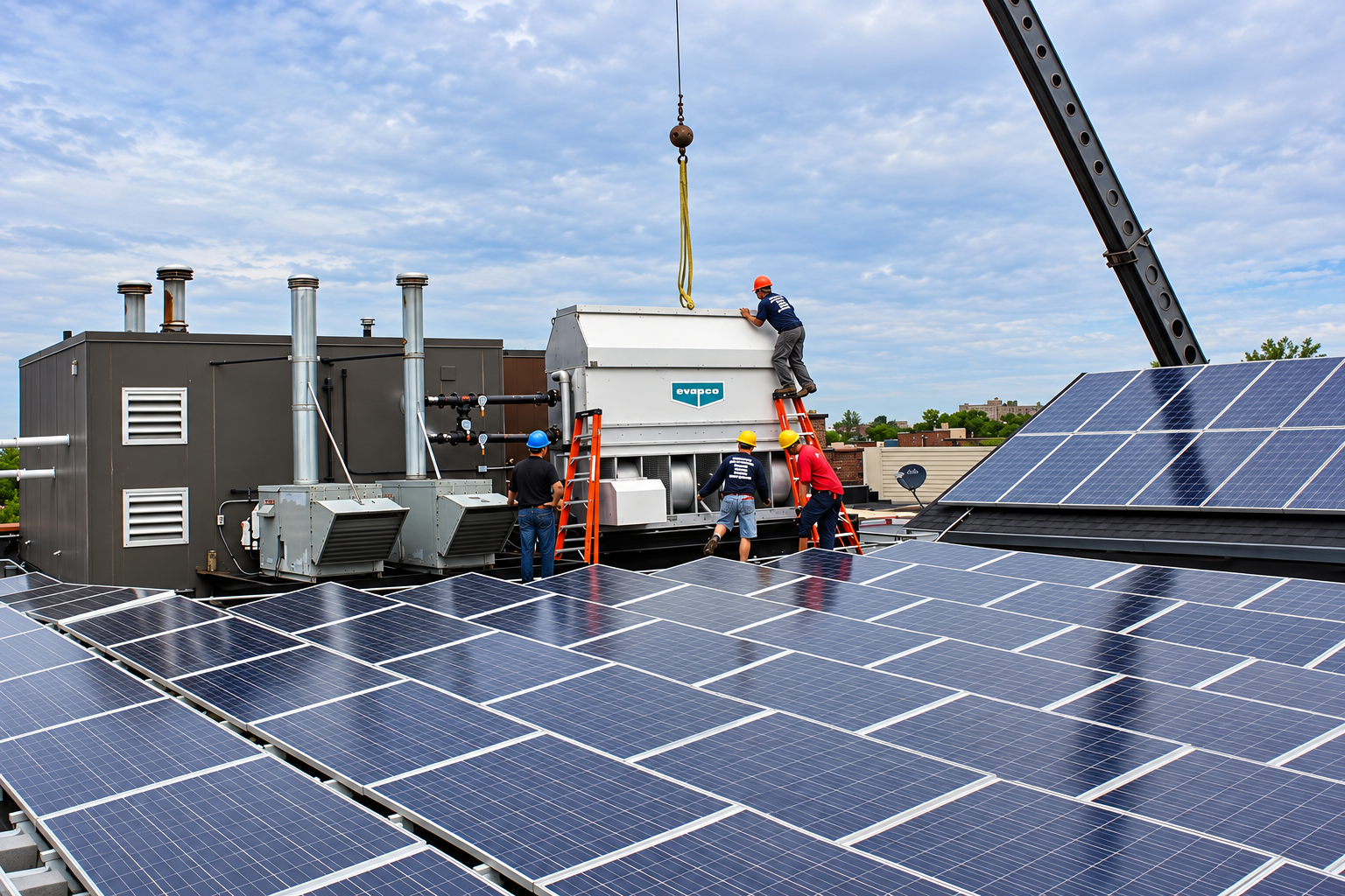 Workers installing rooftop solar panels beside HVAC units and a crane on a commercial roof.