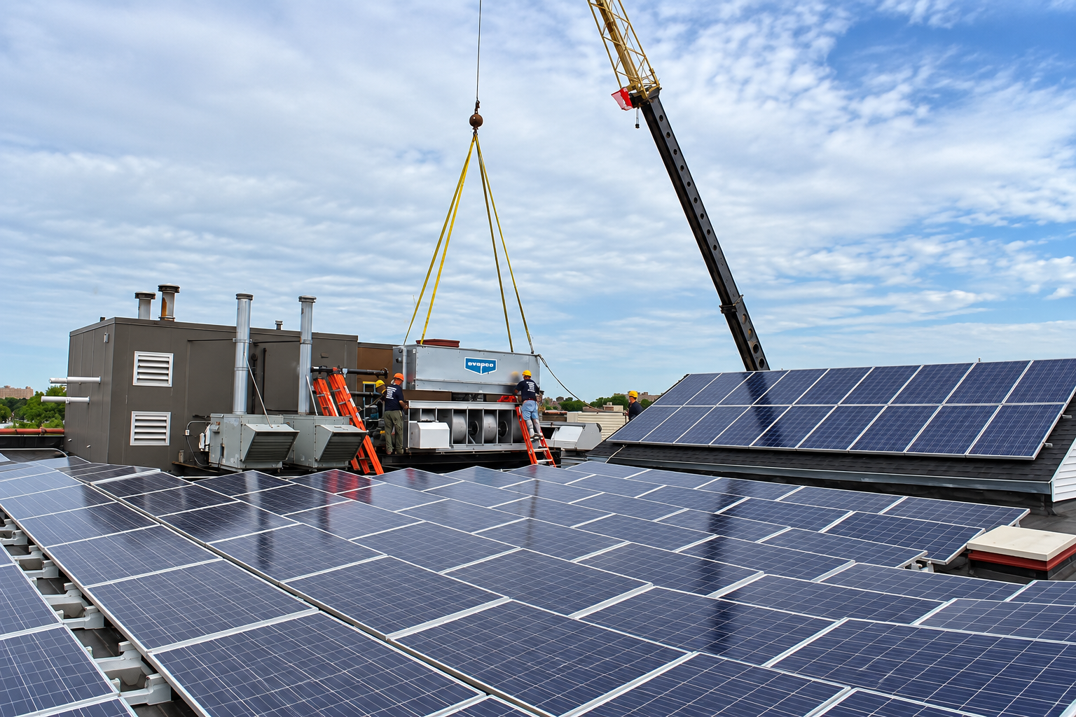 Solar panels on a rooftop with a crane lifting equipment under a partly cloudy sky.
