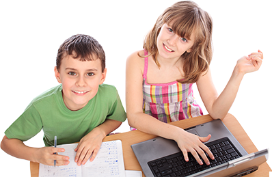 A boy and a girl are sitting at a desk with a laptop.