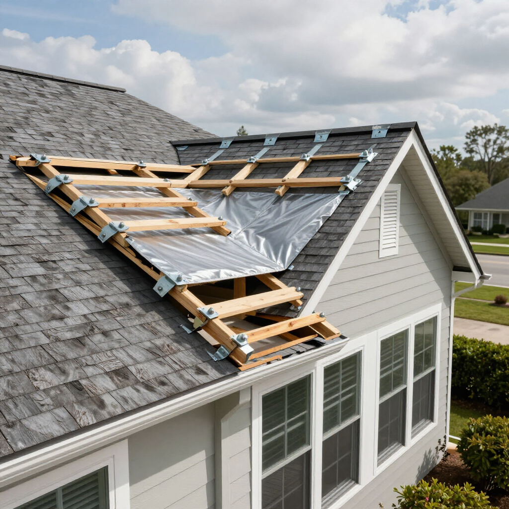 Roof under repair with tarps and wooden supports on a gray house