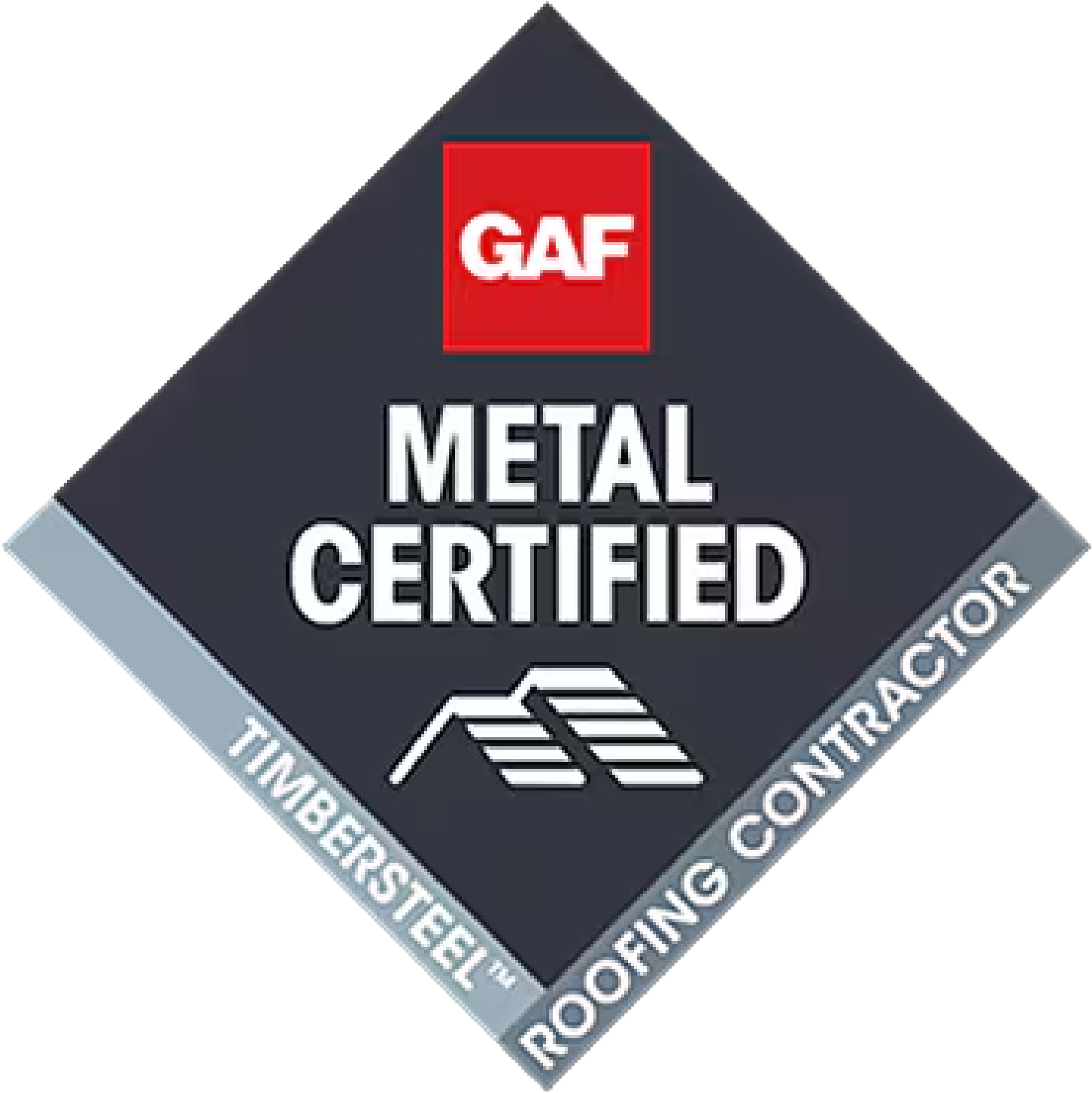 GAF Metal Certified TimberSteel roofing contractor diamond logo with gray, red, and white text
