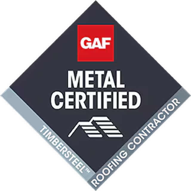 GAF Metal Certified TimberSteel roofing contractor diamond logo with gray, red, and white text