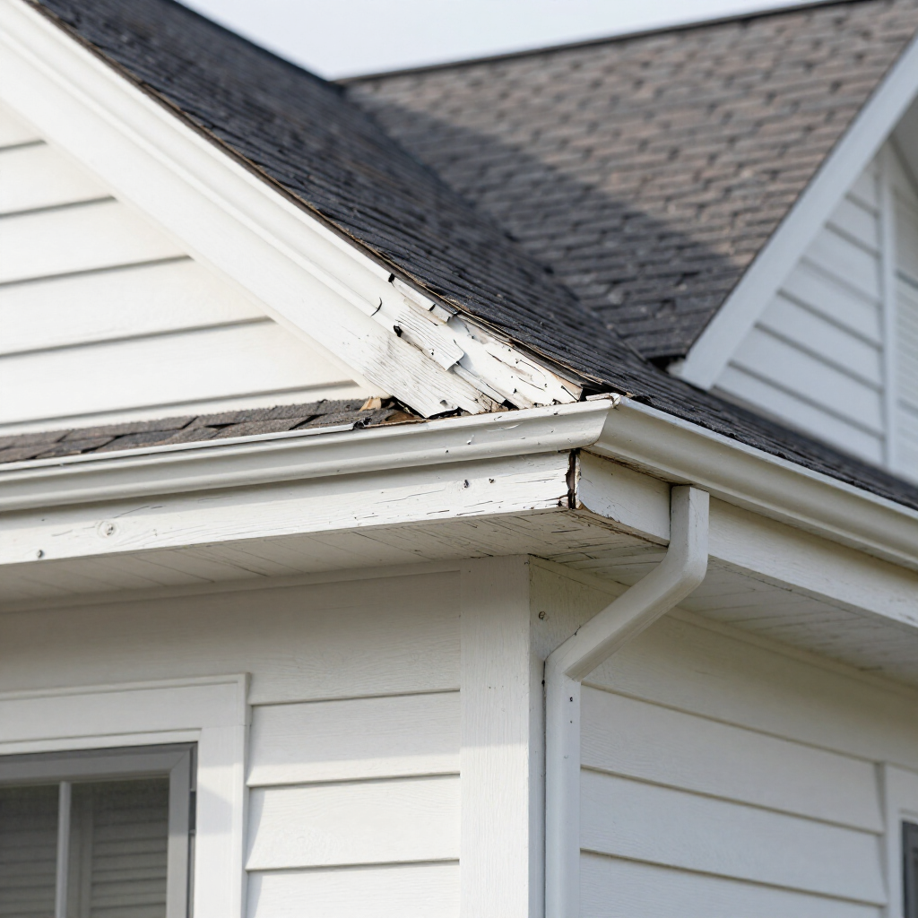 White house roof eave with damaged, peeling trim and exposed wood near the gutter corner