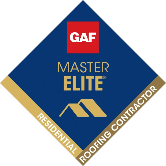 GAF Master Elite Residential Roofing Contractor badge in blue, gold, red, and white