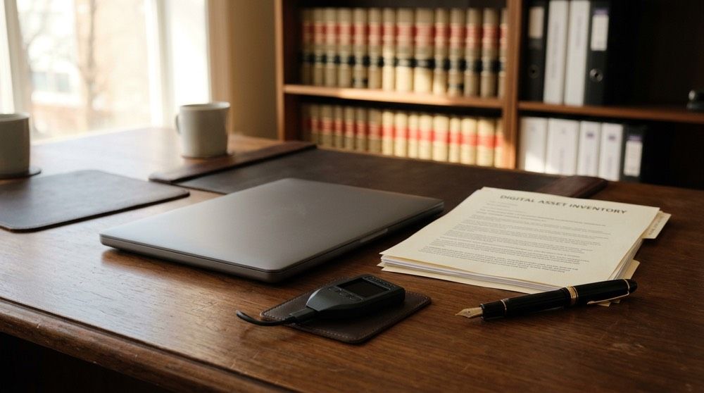 Attorney desk in Reading, PA with a laptop and a printed digital asset inventory for an estate plan.