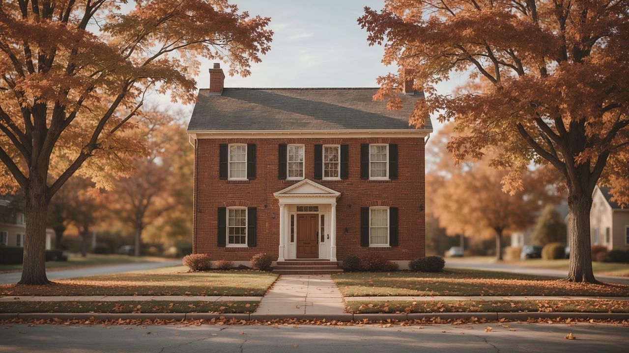 A two-story brick colonial home on a tree-lined Pennsylvania street under autumn maple trees.
