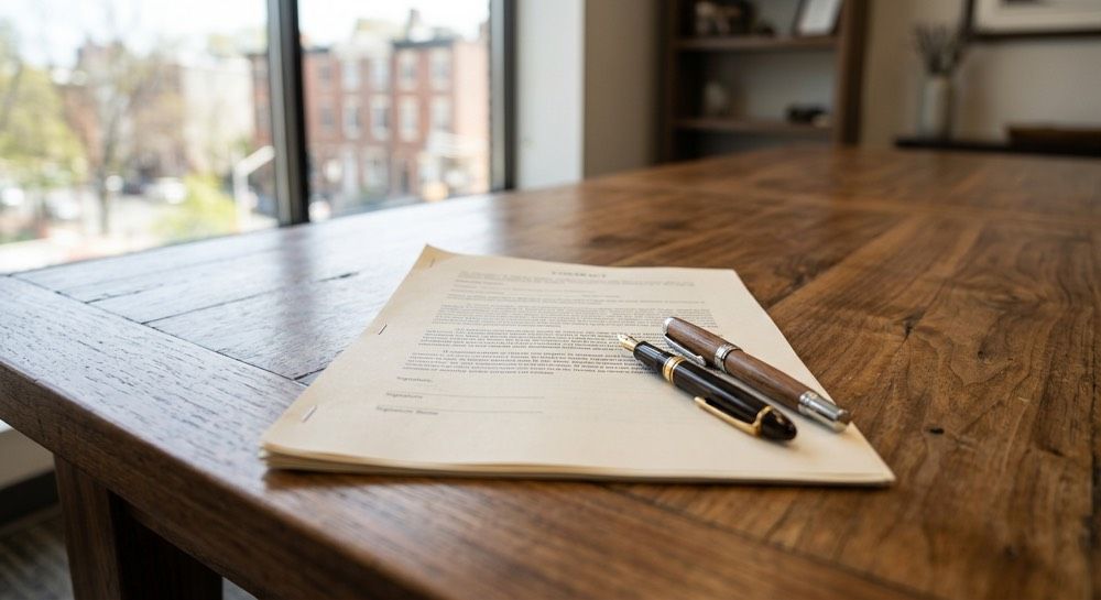 Business partners reviewing a shareholder agreement document at a conference table in Berks County