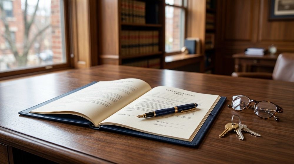 A trust administration estate planning legal document from Bingaman Hess on a desk.