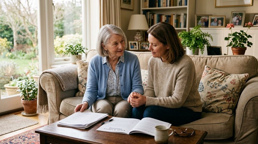 Adult child discussing incapacity planning documents with an aging parent — estate planning.