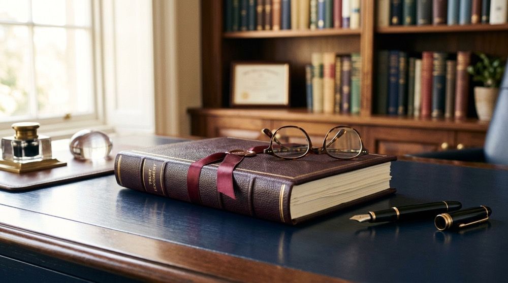 A leather-bound trust document, reading glasses, and a pen on a sunlit navy desk.