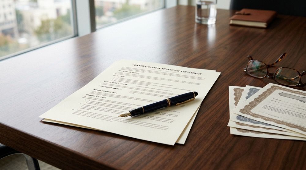 A venture capital financing term sheet and fountain pen on a walnut law-firm conference table 