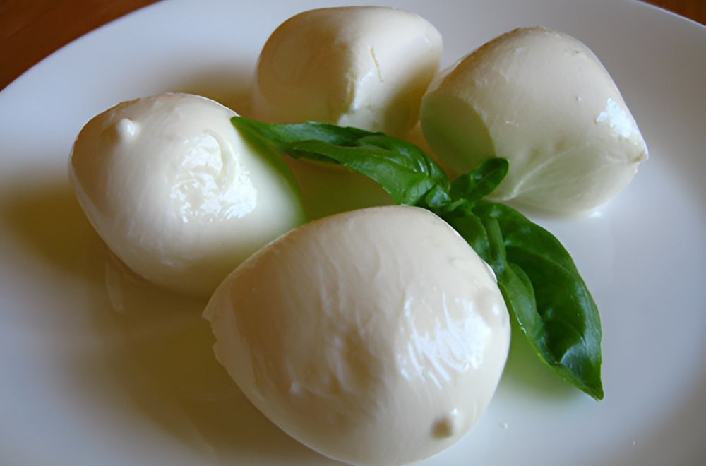 A White Plate Topped With Four Mozzarella Balls And Basil Leaves — Corrado & Frank Distributors in Fairy Meadow, NSW