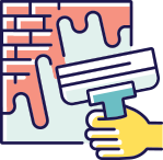 Person painting a brick wall with a roller, showing dripping pink paint and a yellow-handled tool.