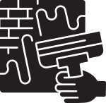 White paint roller painting a brick wall icon on a black background