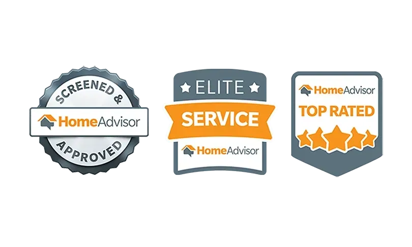 Three HomeAdvisor badges: Screened & Approved, Elite Service, and Top Rated with five stars.