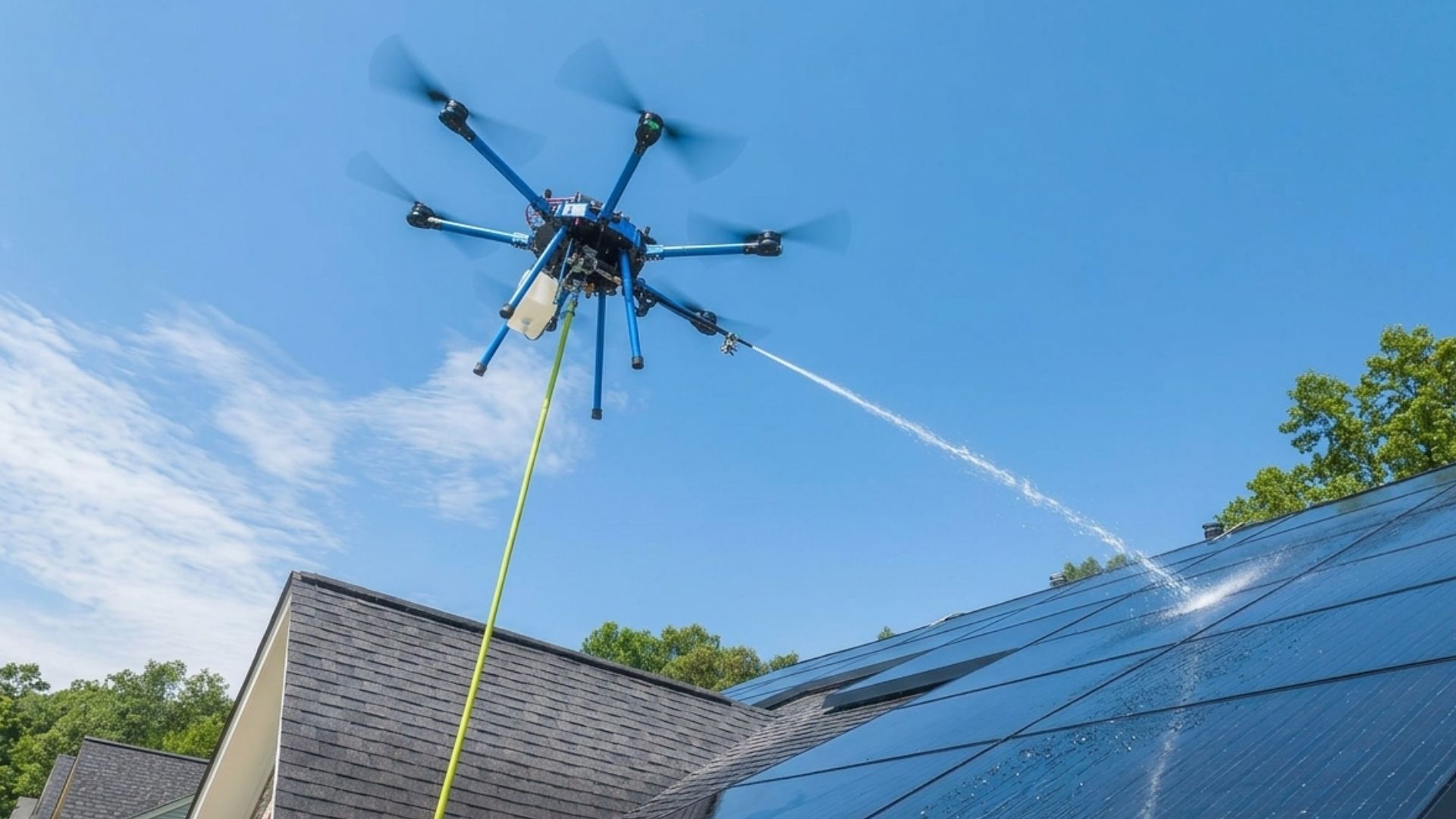 Drone spraying water on a roof near solar panels and a house under a blue sky